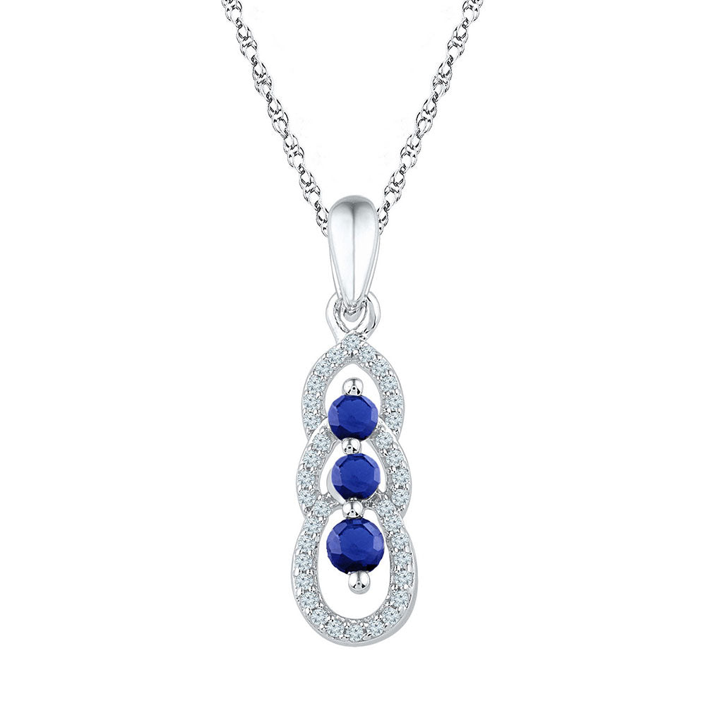 10kt White Gold Womens Round Lab-Created Blue Sapphire 3-stone Pendant 1/2 Cttw