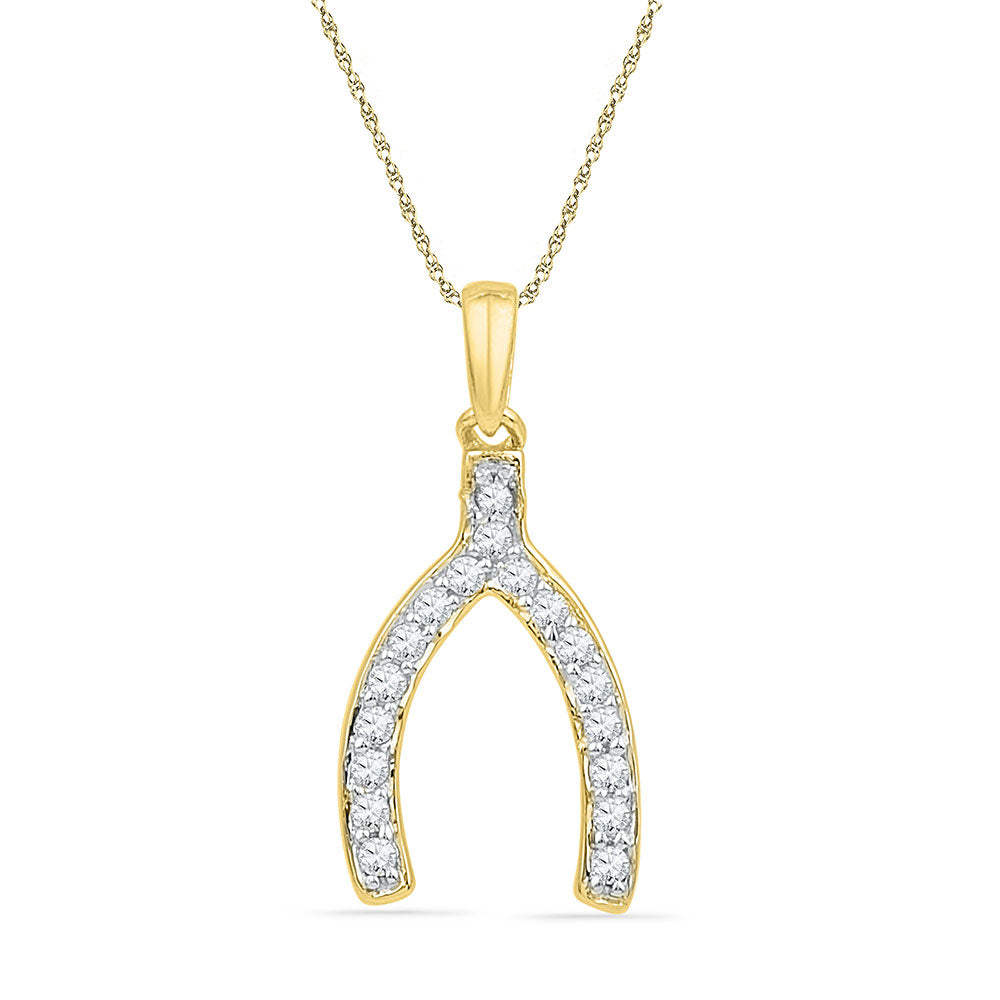 10k Yellow Gold Womens Round Diamond Lucky Wishbone Fortune Pendant 1/6 Cttw