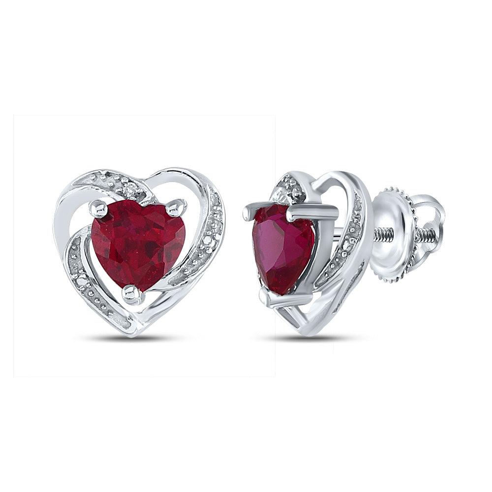 Sterling Silver Womens Round Lab-Created Ruby Heart Earrings 2-1/5 Cttw