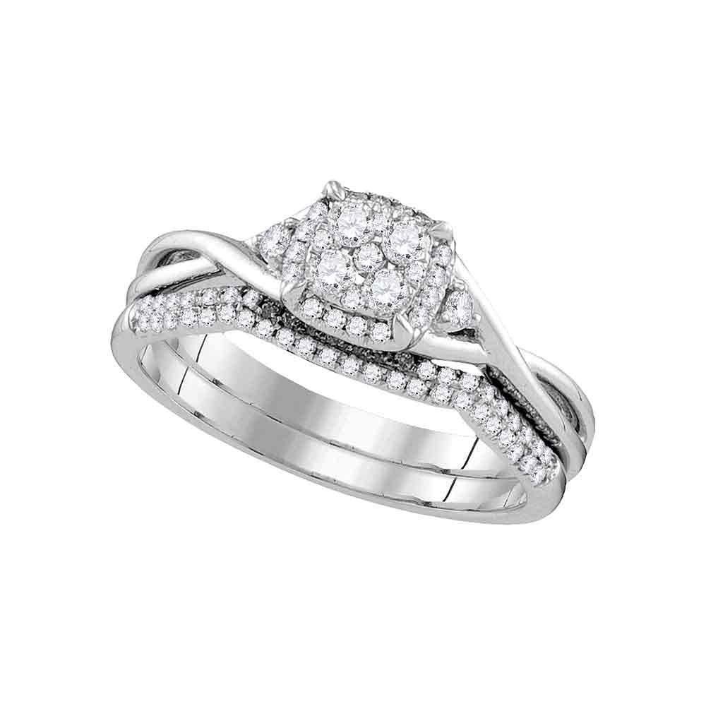 14k White Gold Round Diamond Cluster Bridal Wedding Ring Band Set 3/8 Cttw