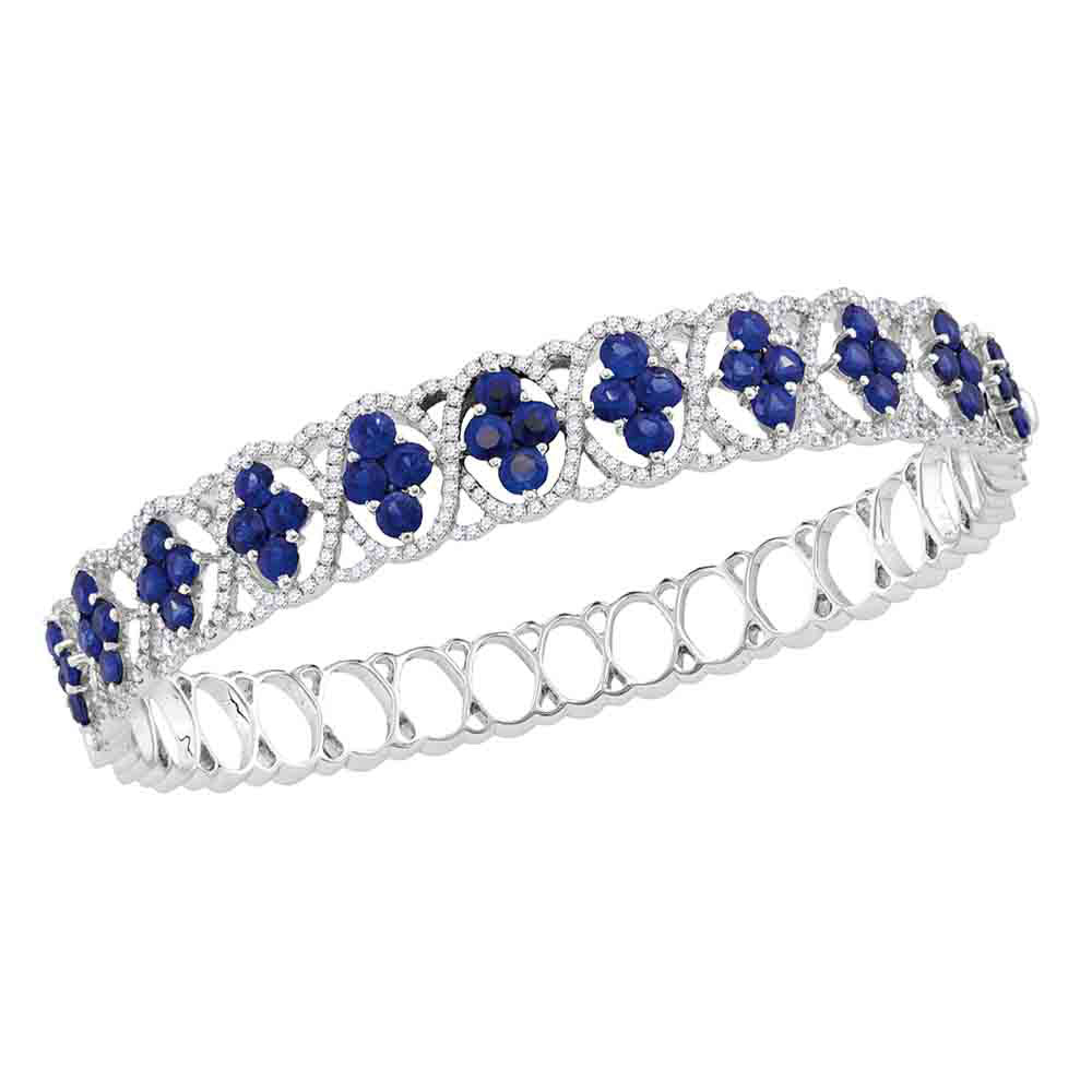 18kt White Gold Womens Round Blue Sapphire Bangle Bracelet 8-7/8 Cttw