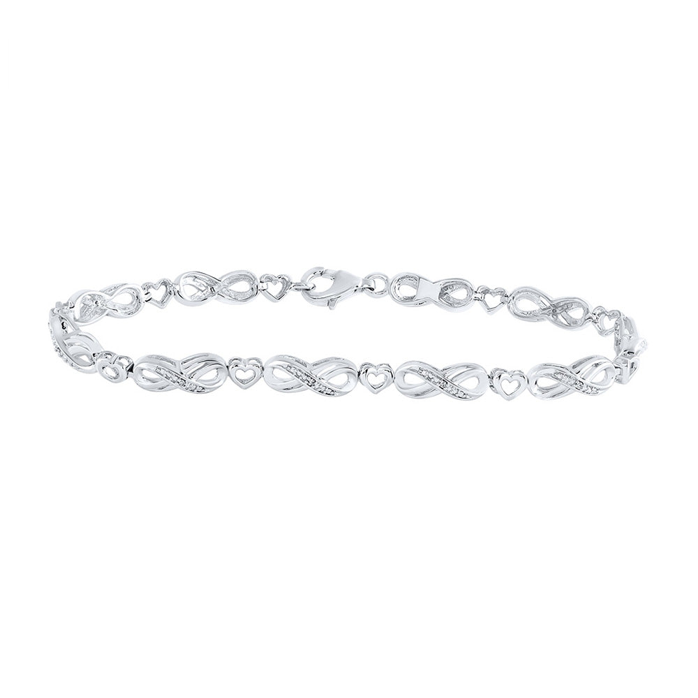 Sterling Silver Womens Round Diamond Infinity Heart Link Bracelet 1/20 Cttw