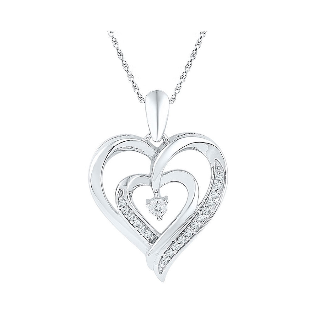 Sterling Silver Womens Round Diamond Double Nested Heart Pendant 1/10 Cttw