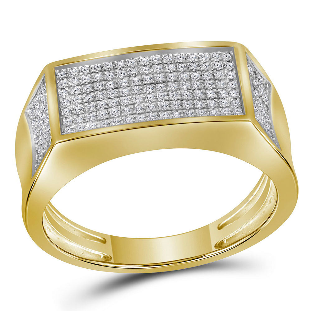 10kt Yellow Gold Mens Round Diamond Rectangle Cluster Band Ring 1/3 Cttw
