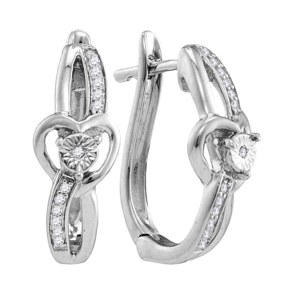 Sterling Silver Womens Round Diamond Heart Hoop Earrings 1/20 Cttw