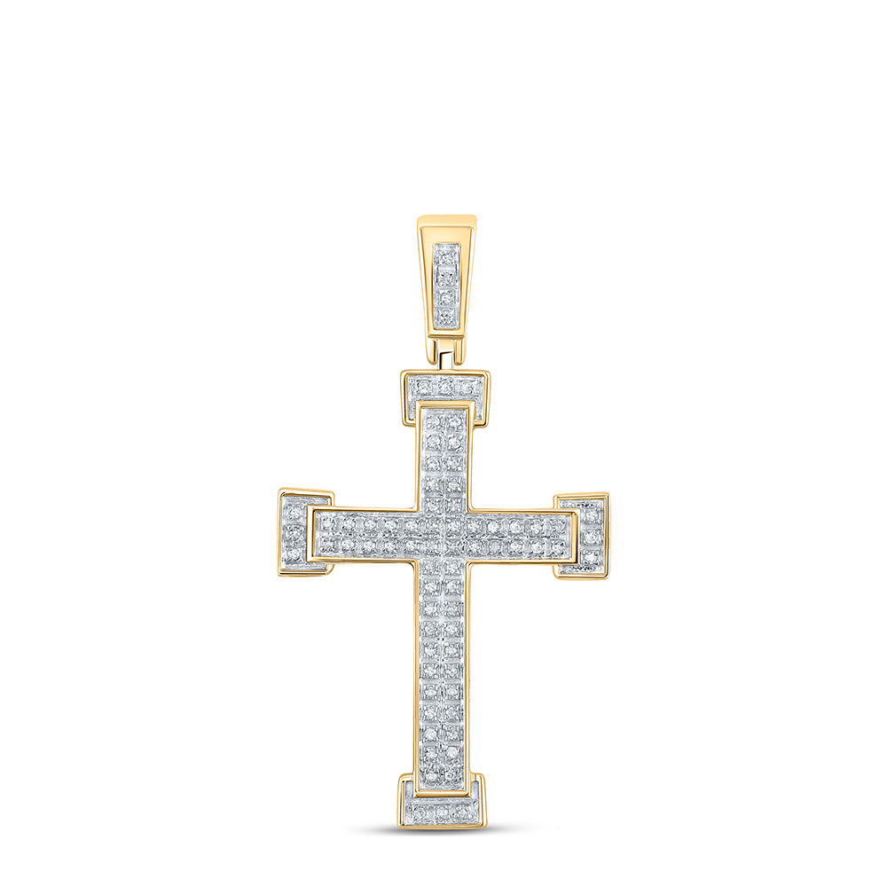 10kt Yellow Gold Mens Round Diamond Roman Cross Religious Charm Pendant 1/5 Cttw