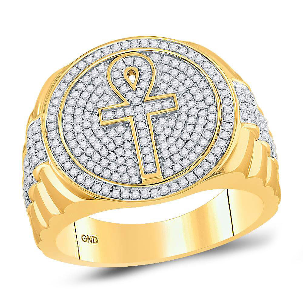 10kt Yellow Gold Mens Round Diamond Ankh Cross Cluster Ring 3/4 Cttw