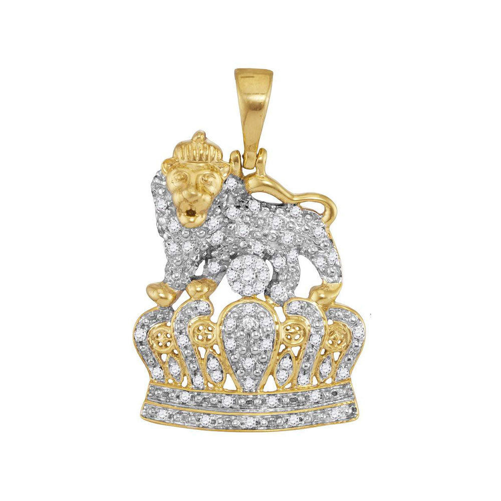 10kt Yellow Gold Mens Round Diamond Lion Tiger Crown Charm Pendant 1/3 Cttw
