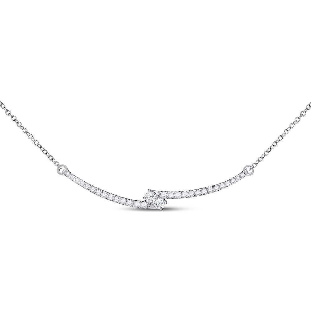 14kt White Gold Womens Round Diamond Curved Bar 2-stone Necklace 1/2 Cttw