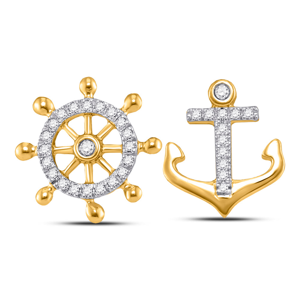 10kt Yellow Gold Womens Round Diamond Anchor Wheel Nautical Earrings 1/10 Cttw