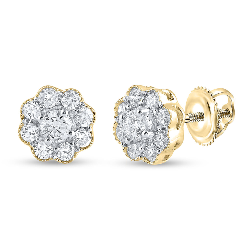 14kt Yellow Gold Womens Round Diamond Flower Cluster Earrings 1/2 Cttw