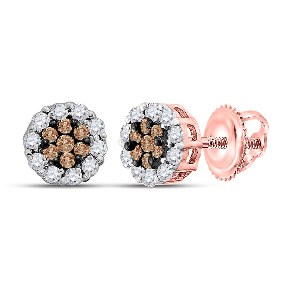 14kt Rose Gold Womens Round Brown Diamond Cluster Earrings 1/2 Cttw