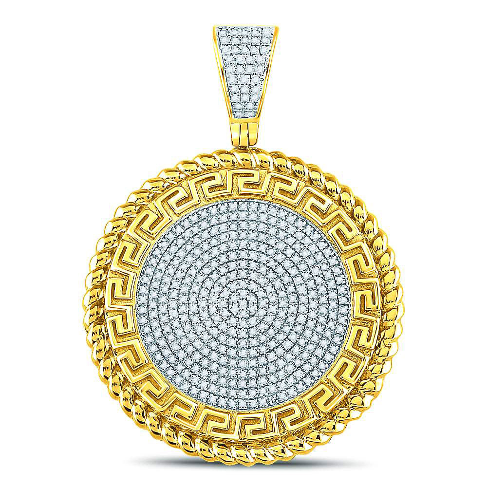 10kt Yellow Gold Mens Round Diamond Greek Key Circle Charm Pendant 5/8 Cttw