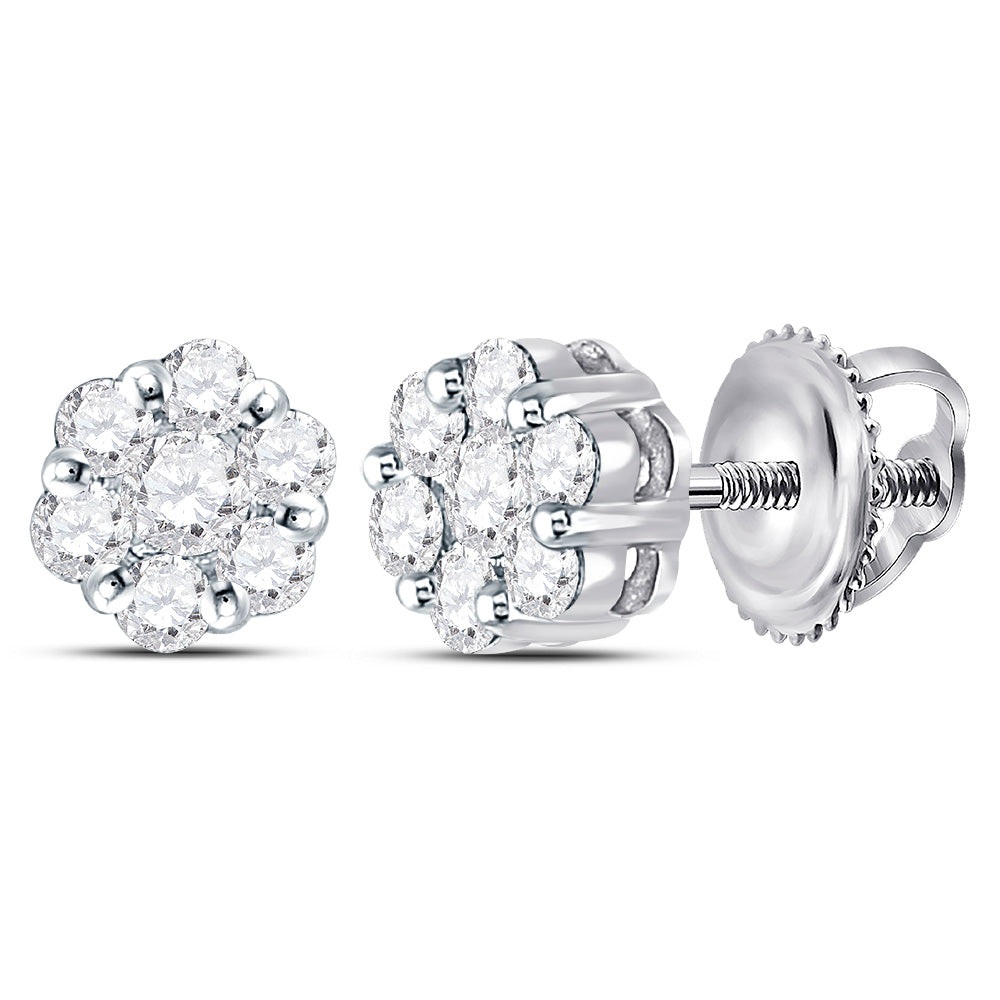 14kt White Gold Womens Round Diamond Flower Cluster Earrings 3/4 Cttw