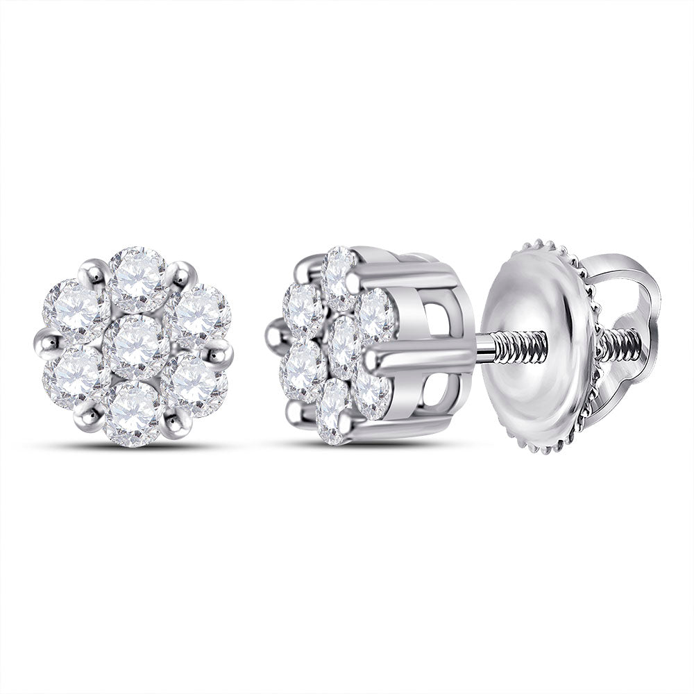 14kt White Gold Womens Round Diamond Flower Cluster Earrings 1/4 Cttw