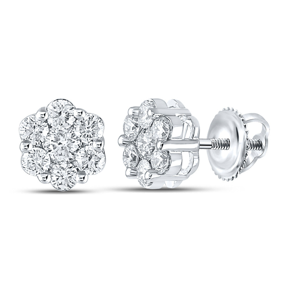 14kt White Gold Womens Round Diamond Flower Cluster Earrings 7/8 Cttw
