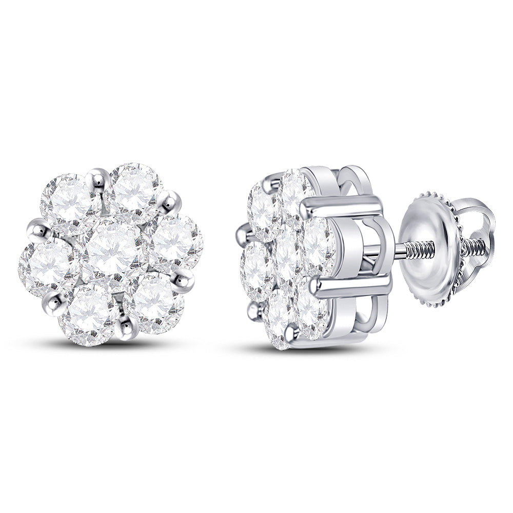 14kt White Gold Womens Round Diamond Flower Cluster Earrings 2-1/2 Cttw