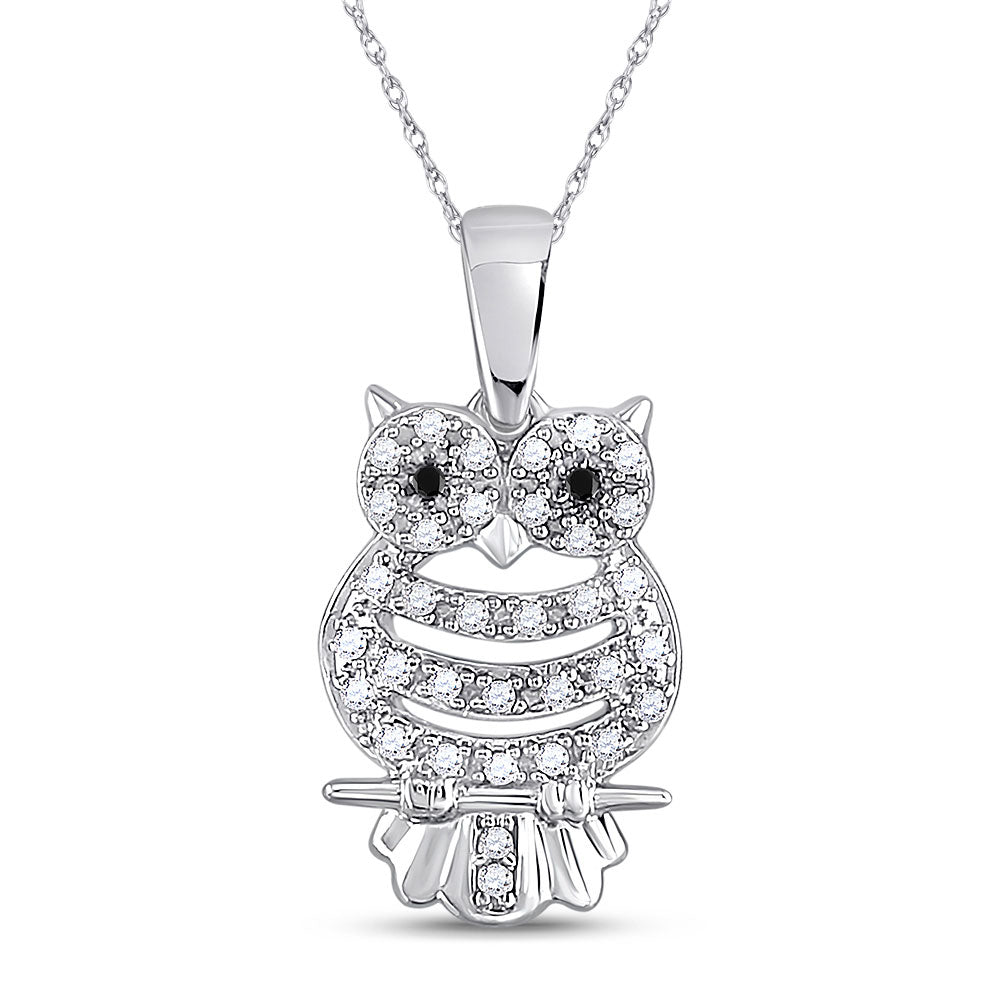 10kt White Gold Womens Round Black Color Enhanced Diamond Owl Bird Animal Pendant 1/6 Cttw
