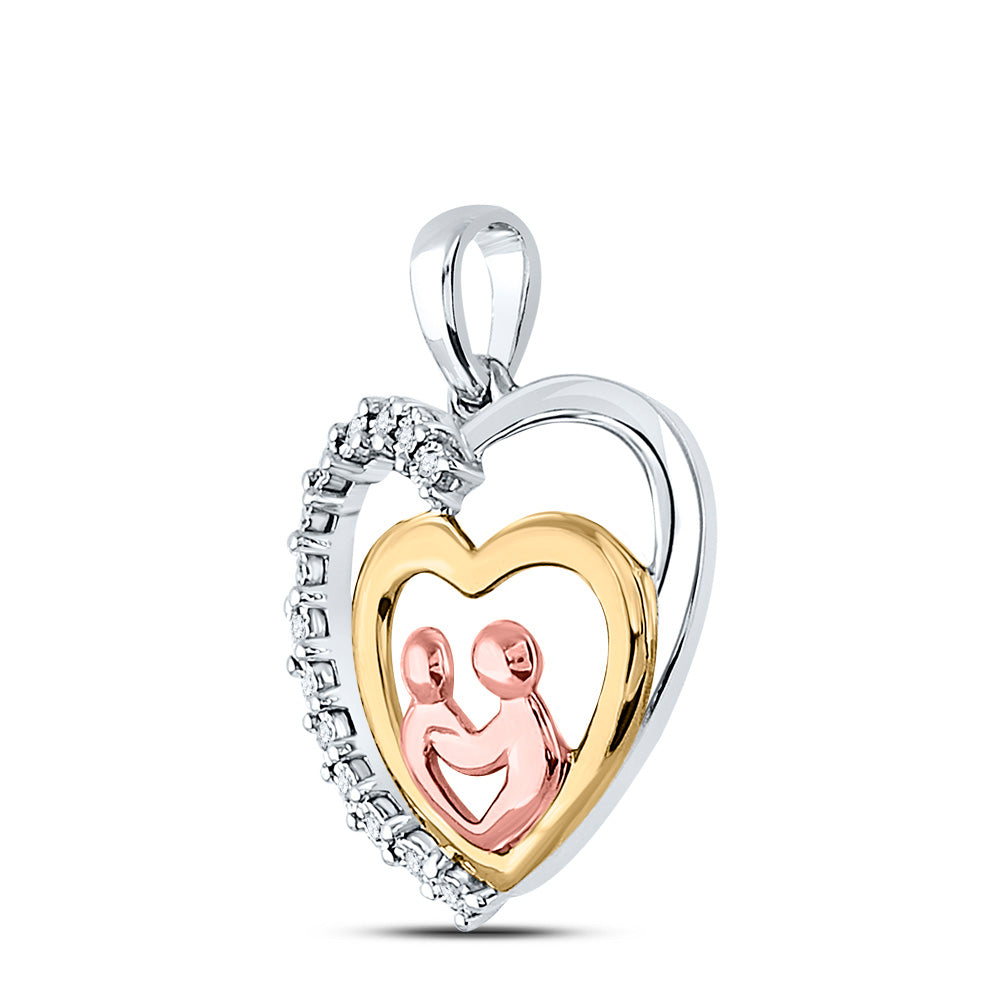 10kt Two-tone Gold Womens Round Diamond Child Mom Mother Heart Pendant 1/20 Cttw