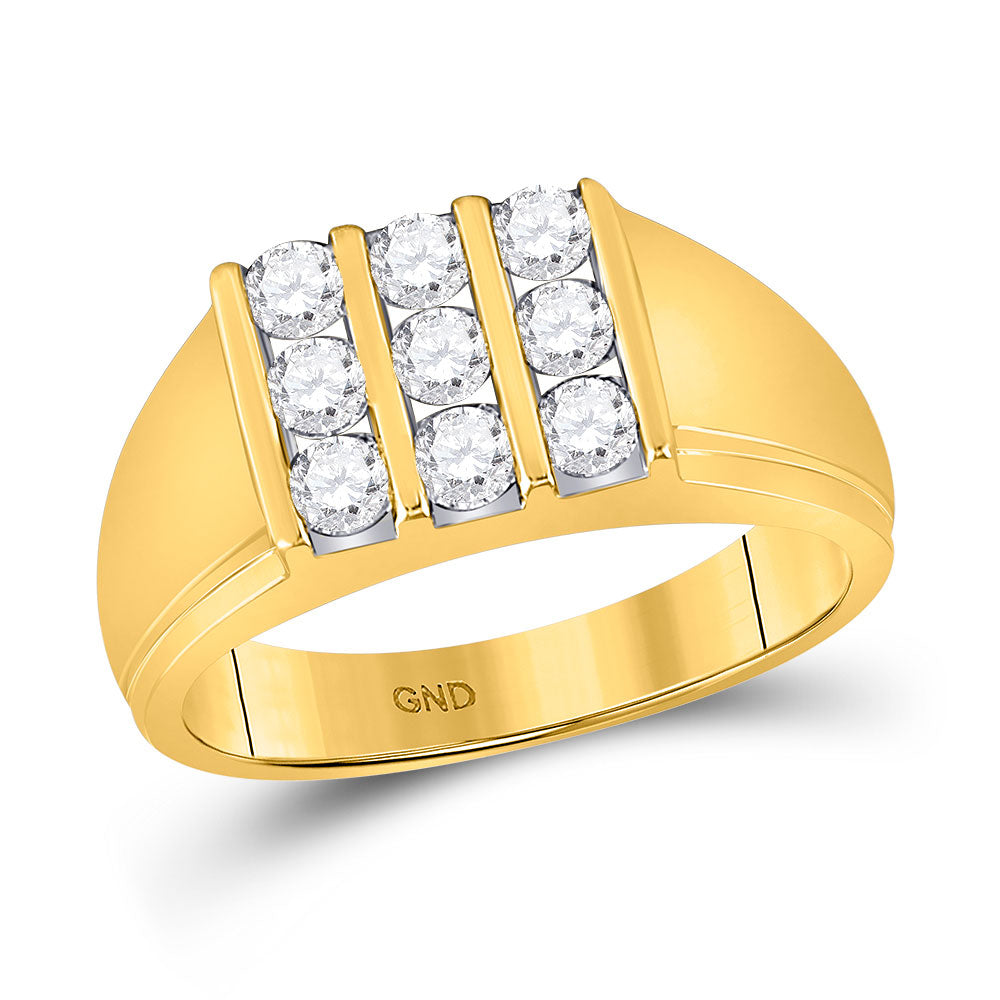 14kt Yellow Gold Mens Round Diamond Triple Row Fashion Ring 7/8 Cttw