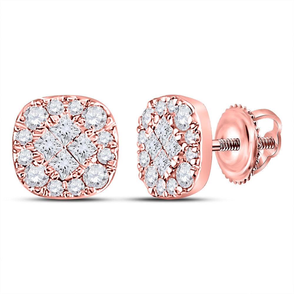 14kt Rose Gold Womens Princess Round Diamond Square Earrings 1/2 Cttw