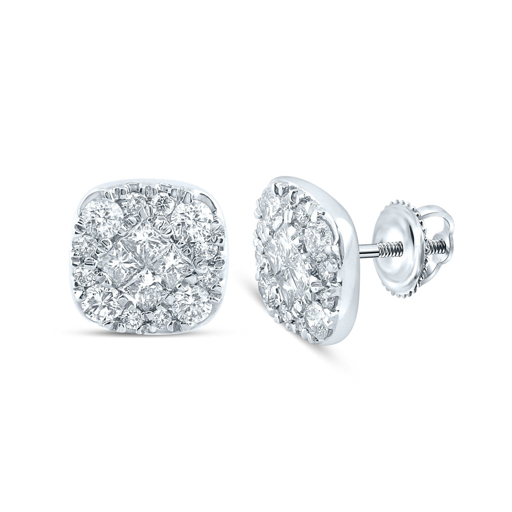 14kt White Gold Womens Princess Round Diamond Square Earrings 1 Cttw