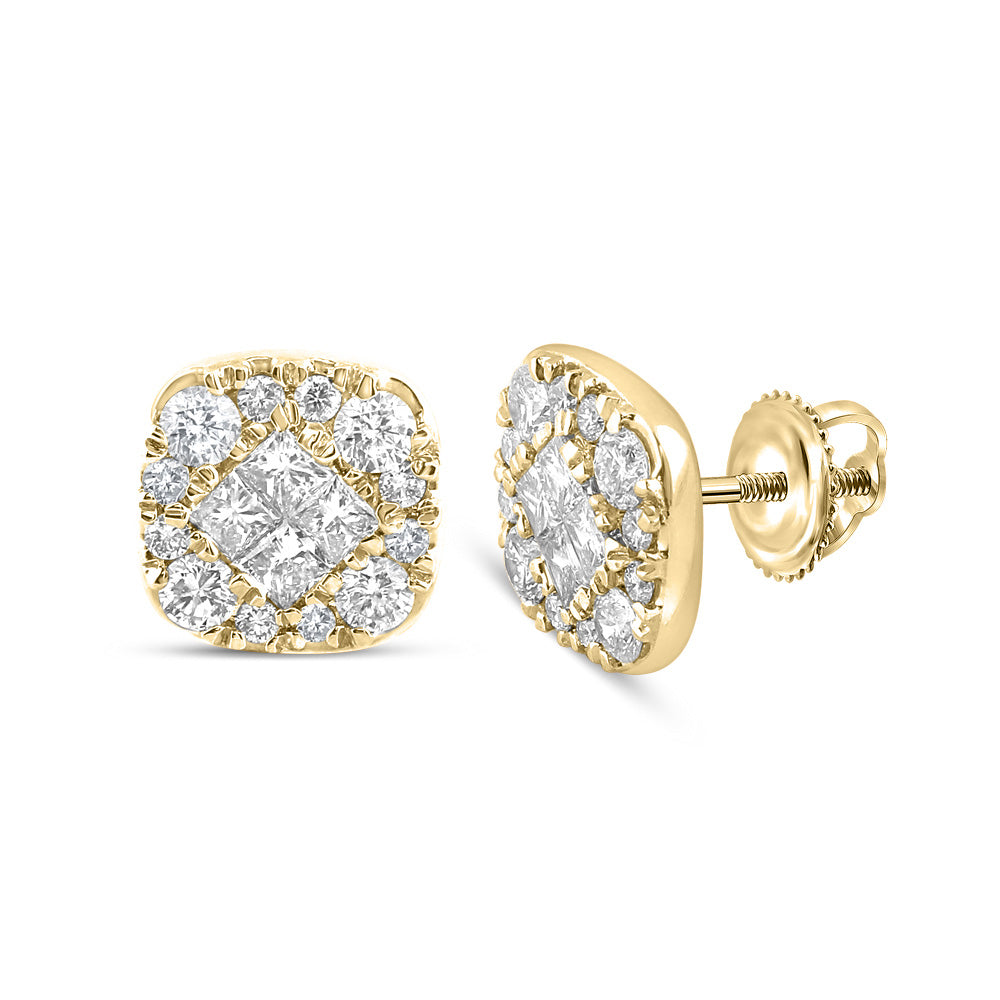 14kt Yellow Gold Womens Princess Round Diamond Square Earrings 1 Cttw