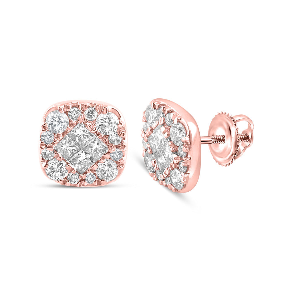 14kt Rose Gold Womens Princess Round Diamond Square Earrings 1 Cttw