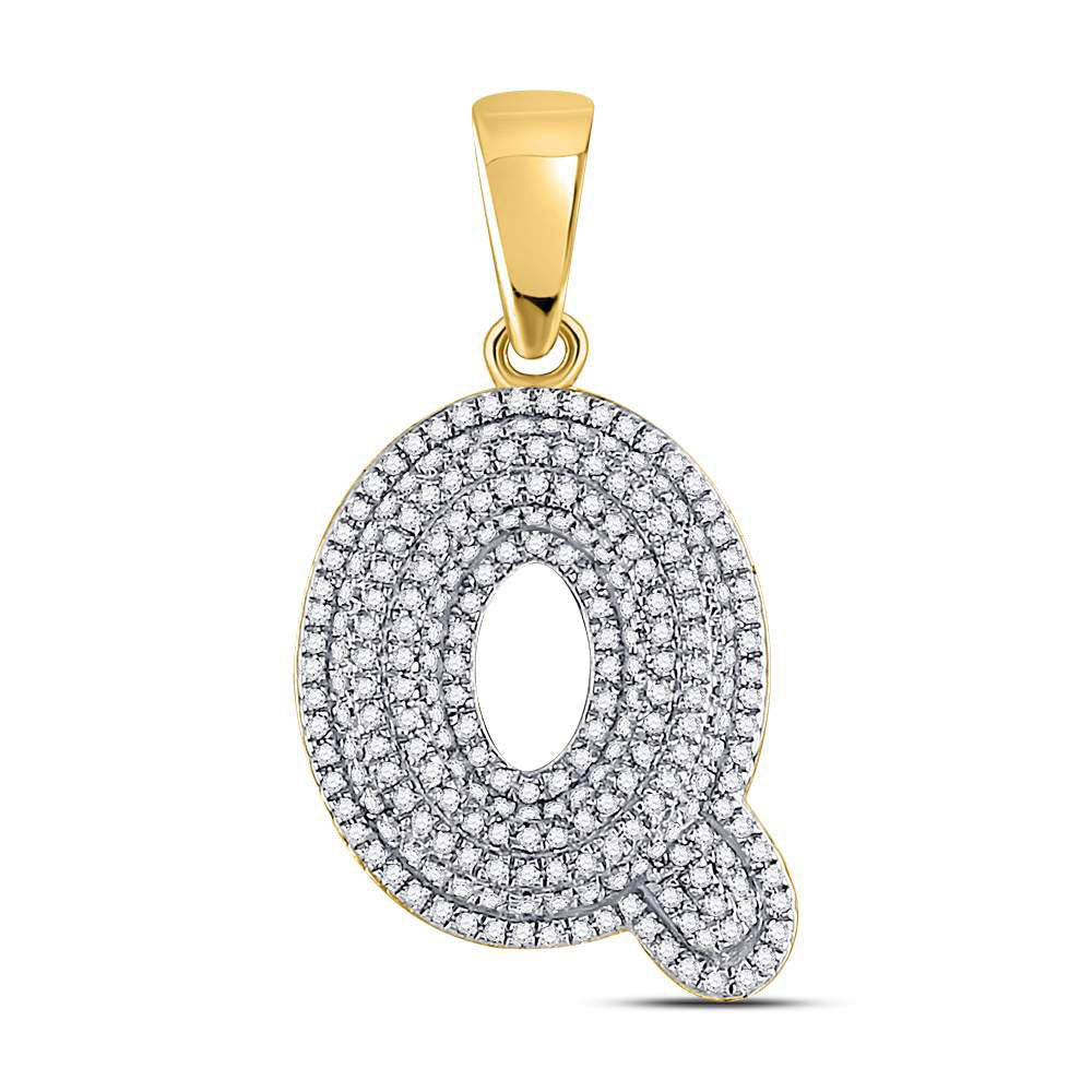 10kt Yellow Gold Mens Round Diamond Letter Q Bubble Initial Charm Pendant 3/4 Cttw