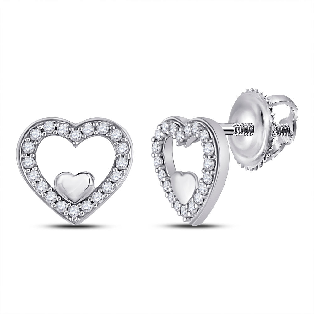 10kt White Gold Womens Round Diamond Heart Earrings 1/8 Cttw