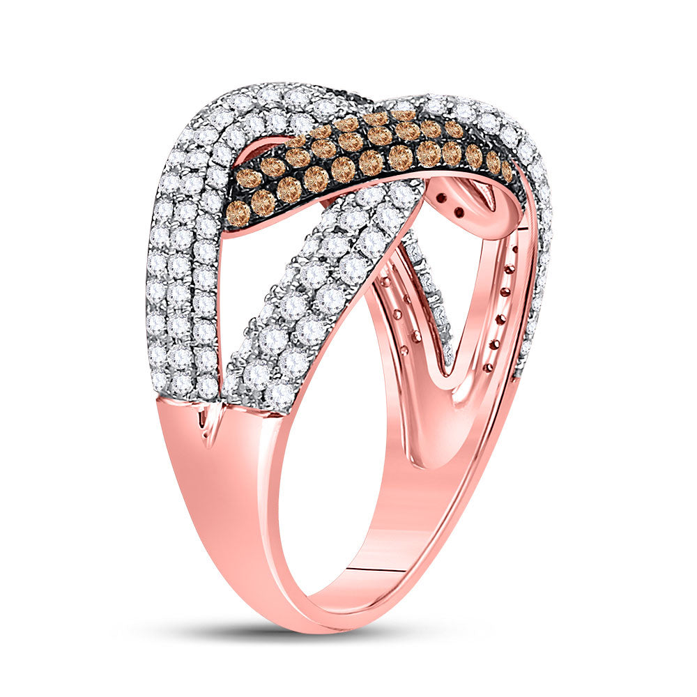 14kt Rose Gold Womens Round Brown Diamond Link Fashion Ring 1-1/2 Cttw