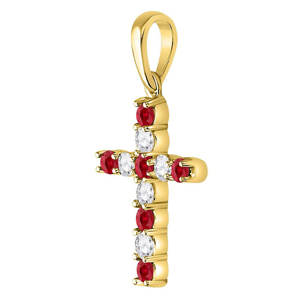 10kt Yellow Gold Womens Round Lab-Created Ruby Cross Pendant 3/8 Cttw