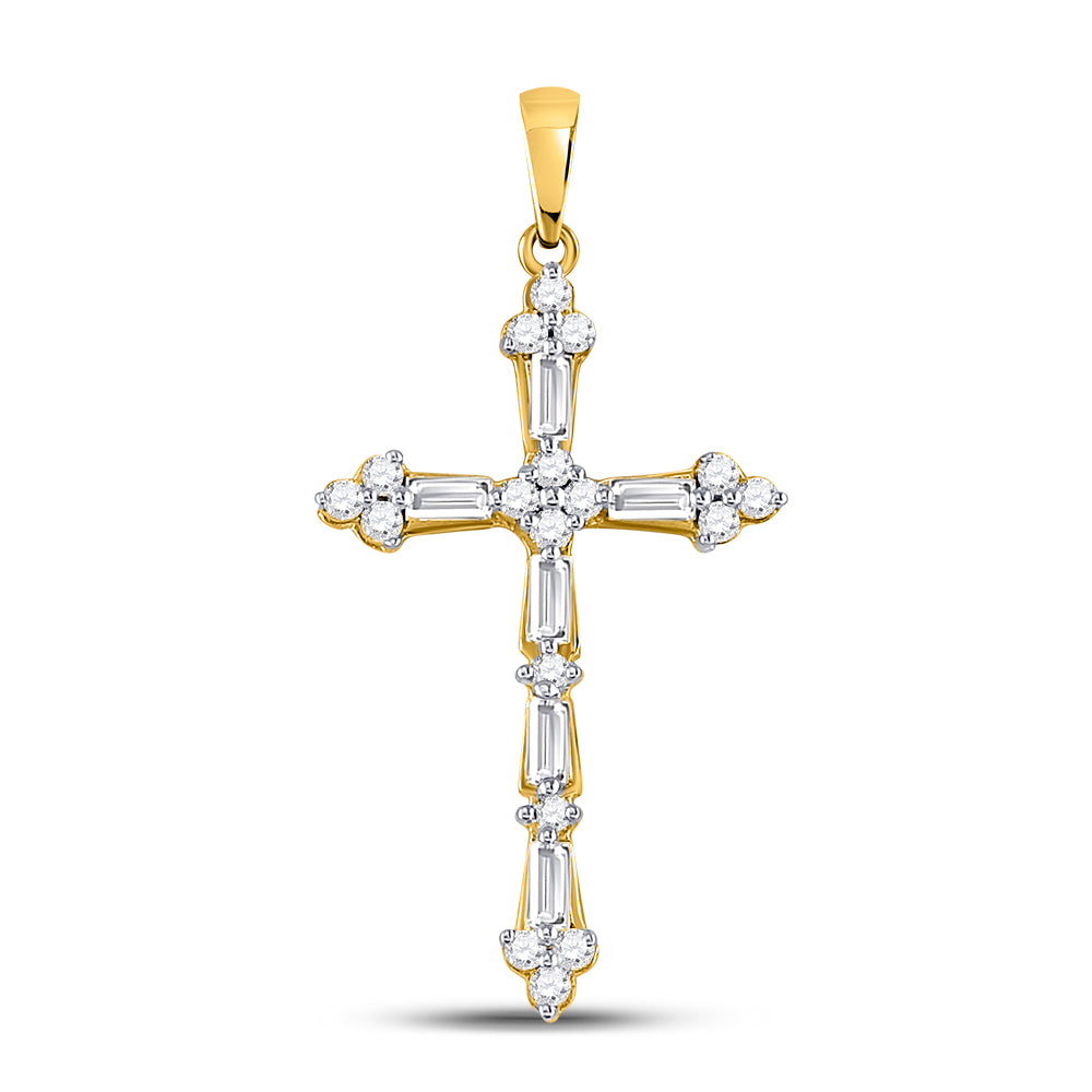 10kt Yellow Gold Womens Round Baguette Diamond Cross Pendant 1/2 Cttw