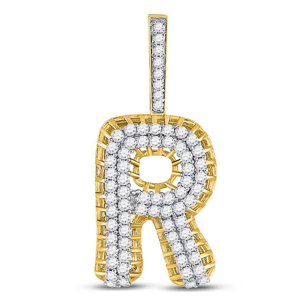 10kt Yellow Gold Mens Round Diamond R Letter Charm Pendant 1-3/8 Cttw