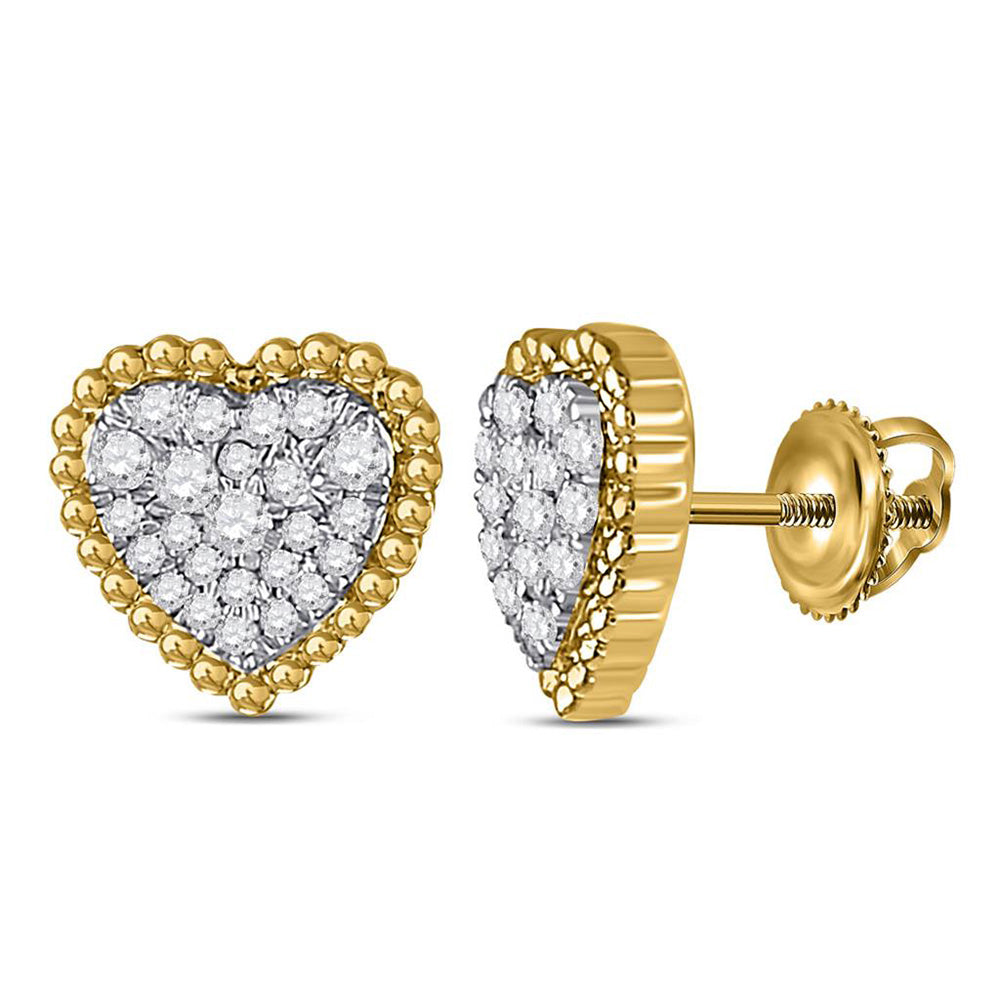 10kt Yellow Gold Womens Round Diamond Beaded Heart Earrings 1/4 Cttw
