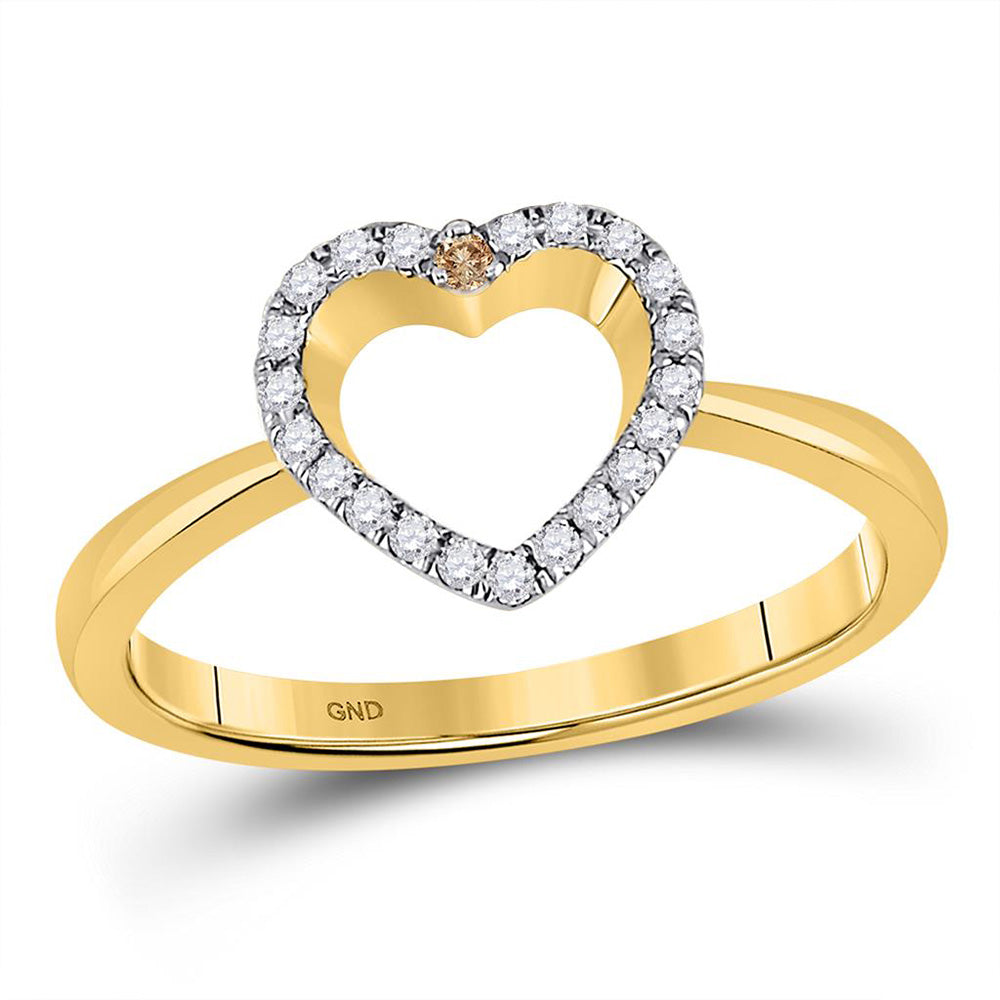 10kt Yellow Gold Womens Round Brown Diamond Heart Ring 1/6 Cttw