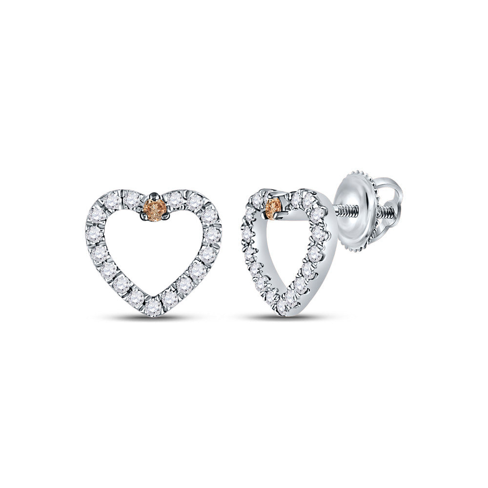 10kt White Gold Womens Round Brown Diamond Heart Earrings 1/6 Cttw