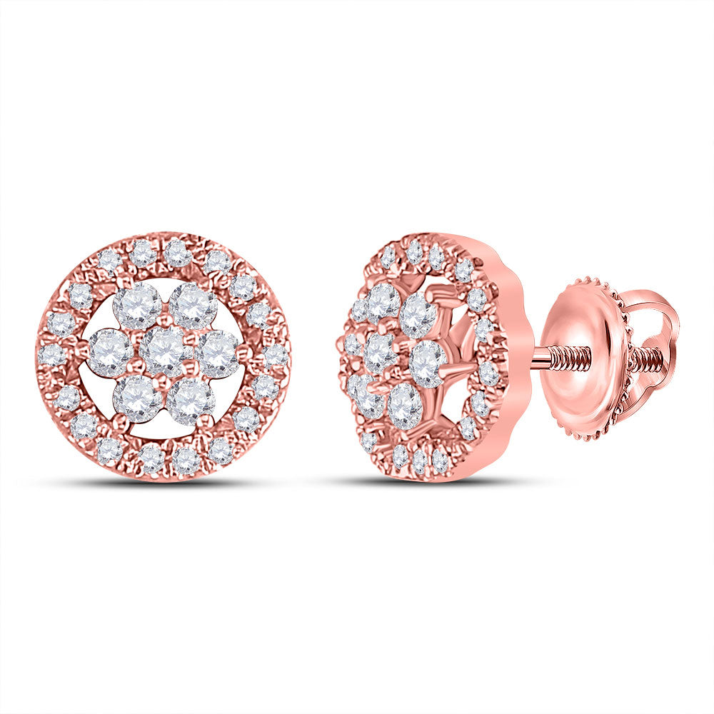 14kt Rose Gold Womens Round Diamond Flower Cluster Earrings 1/2 Cttw