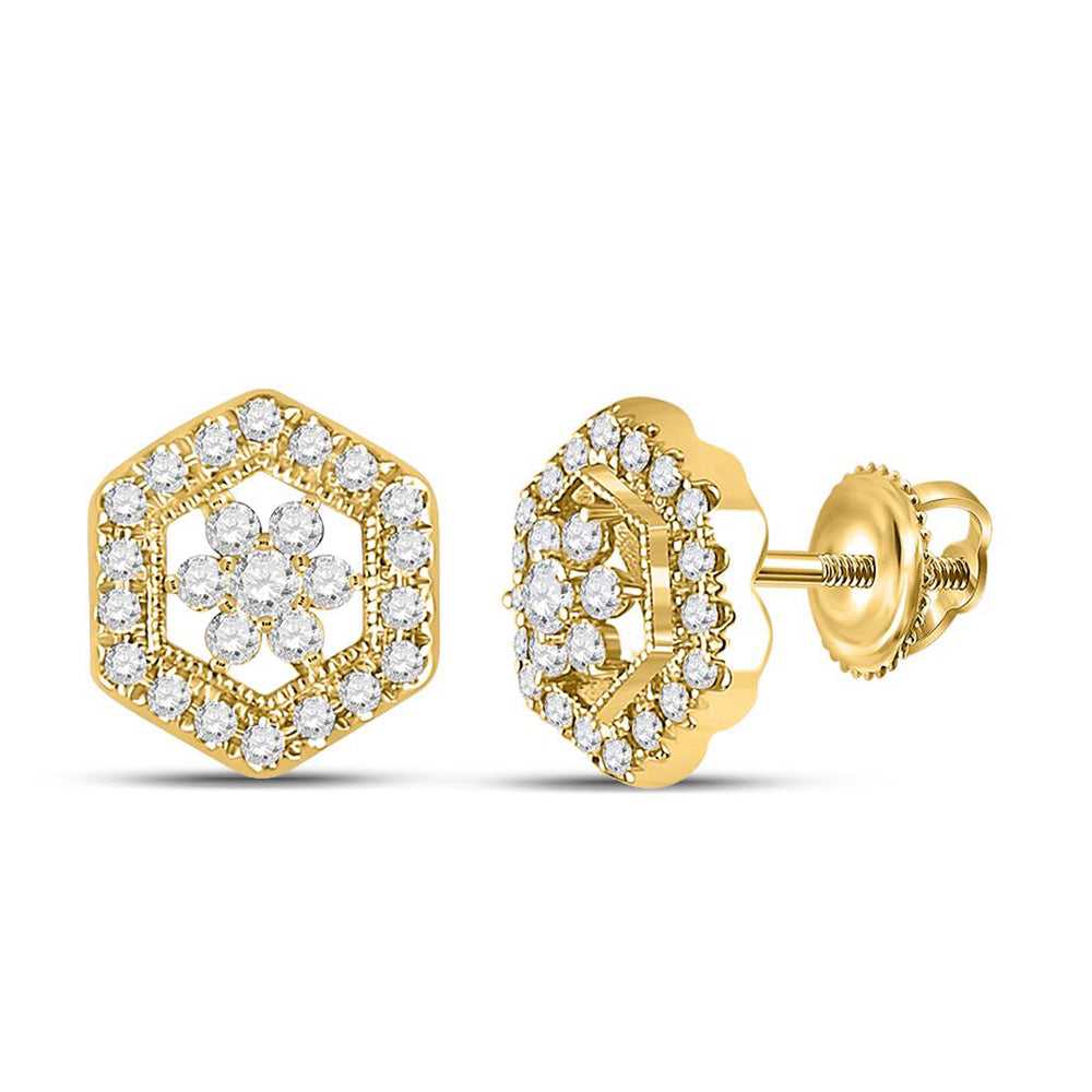 14kt Yellow Gold Womens Round Diamond Hexagon Earrings 3/8 Cttw