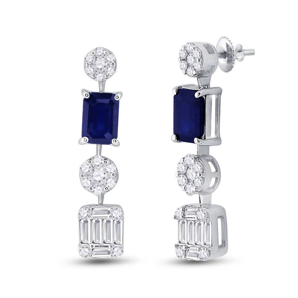 14kt White Gold Womens Emerald Blue Sapphire Diamond Dangle Earrings 2 Cttw