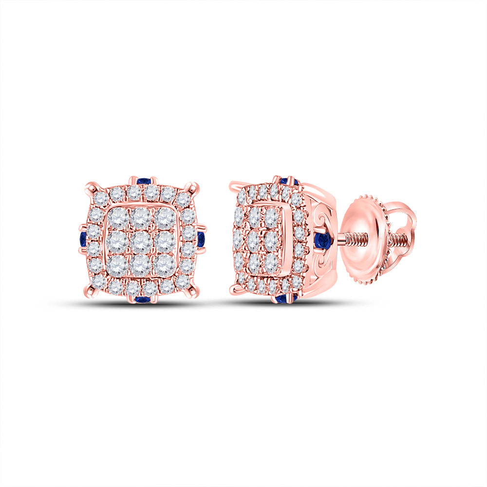 14kt Rose Gold Womens Round Diamond Blue Sapphire Square Earrings 3/4 Cttw