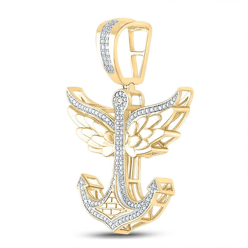 10kt Yellow Gold Mens Round Diamond Anchor Wings Charm Pendant 1/3 Cttw