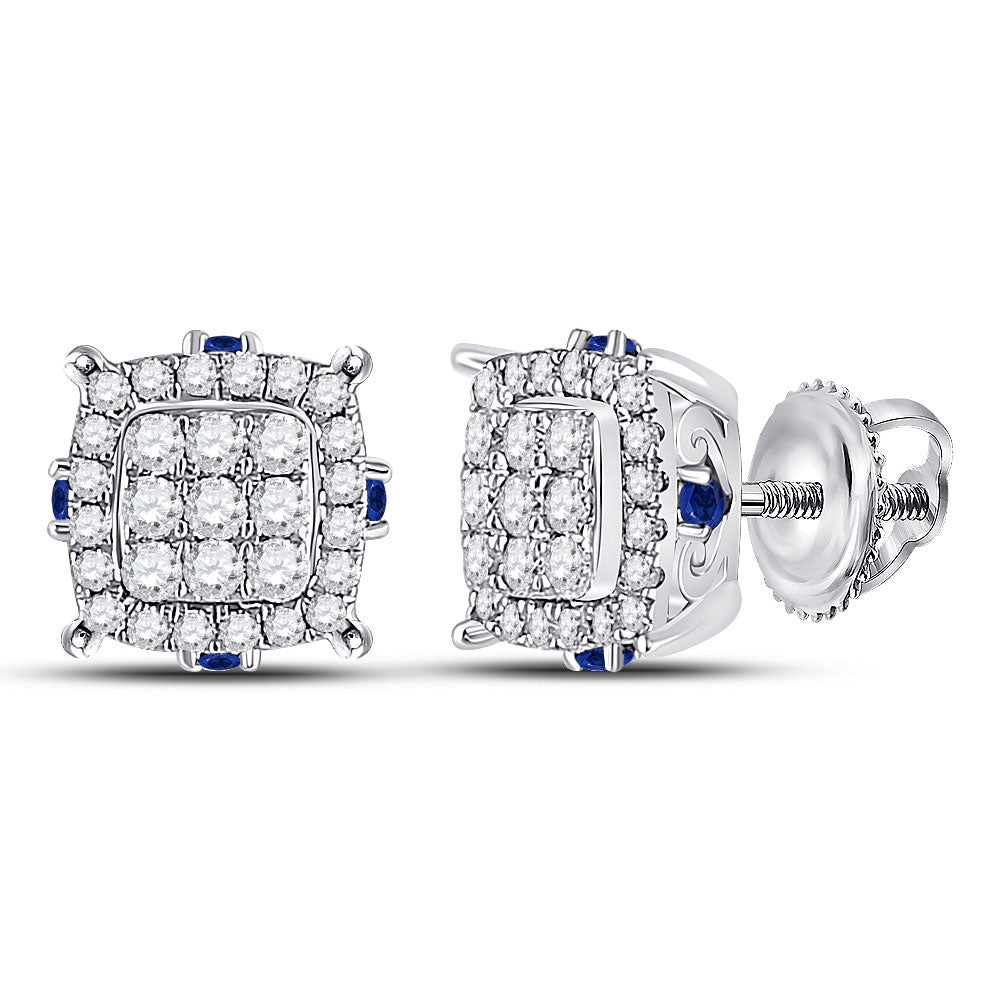 14kt White Gold Womens Round Diamond Blue Sapphire Square Earrings 3/4 Cttw