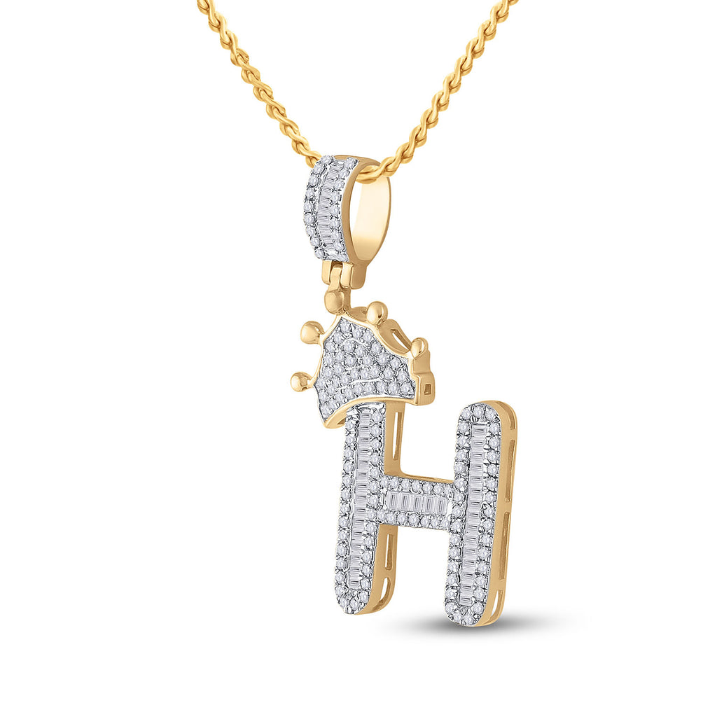 10kt Yellow Gold Mens Baguette Diamond Crown H Letter Charm Pendant 5/8 Cttw