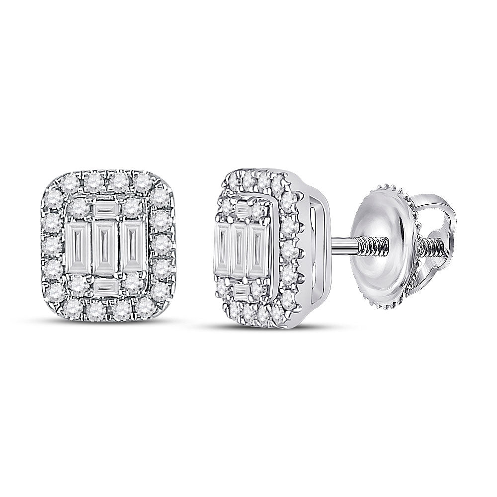 14kt White Gold Womens Baguette Diamond Cluster Earrings 7/8 Cttw