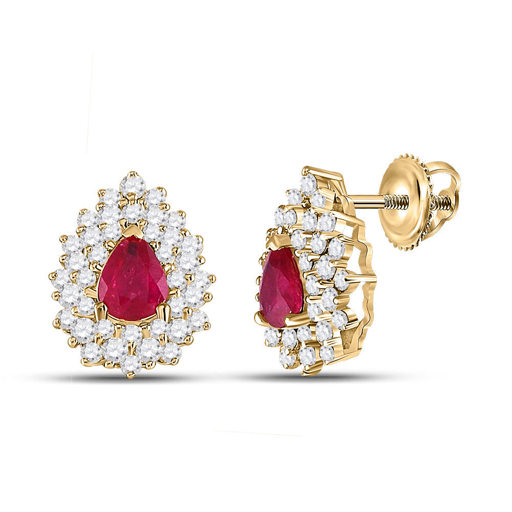 14kt Yellow Gold Womens Pear Ruby Diamond Cluster Earrings 1-1/2 Cttw