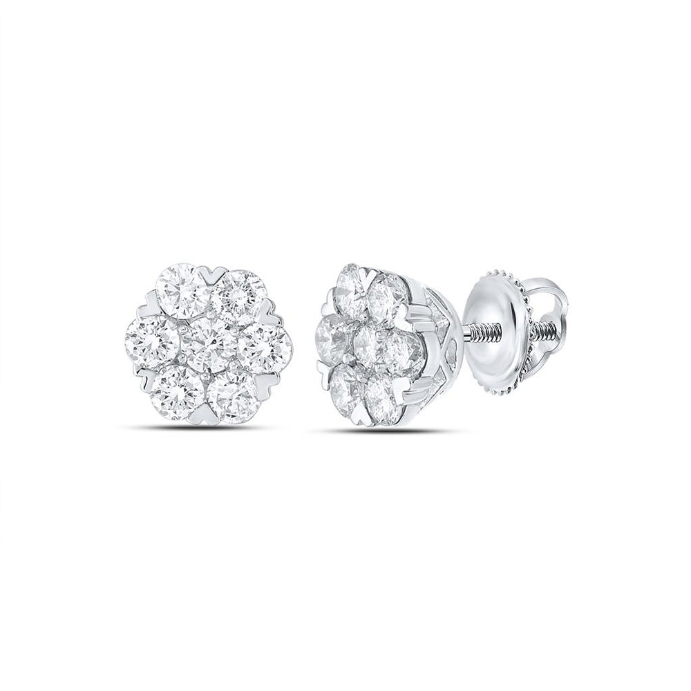 14kt White Gold Womens Round Diamond Flower Cluster Earrings 1-7/8 Cttw