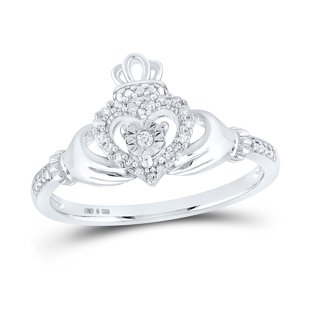 Sterling Silver Womens Round Diamond Claddagh Heart Ring 1/12 Cttw