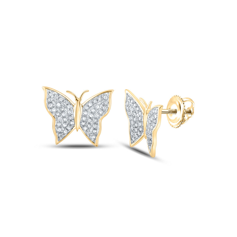 10kt Yellow Gold Womens Round Diamond Butterfly Bug Earrings 1/4 Cttw
