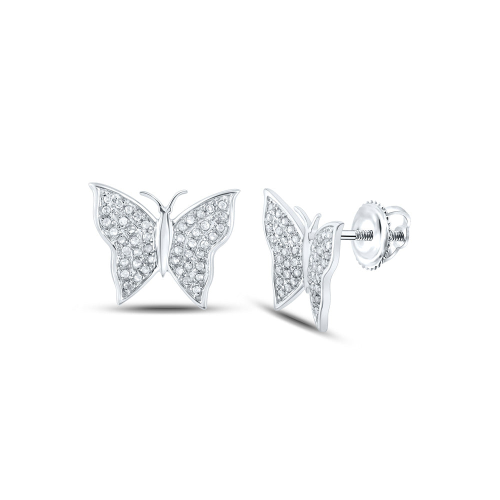 10kt White Gold Womens Round Diamond Butterfly Bug Earrings 1/4 Cttw